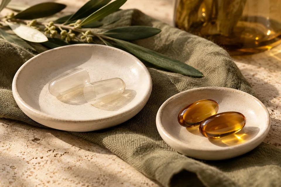 Empty capsule shells and intact softgels on separate ceramic dishes.