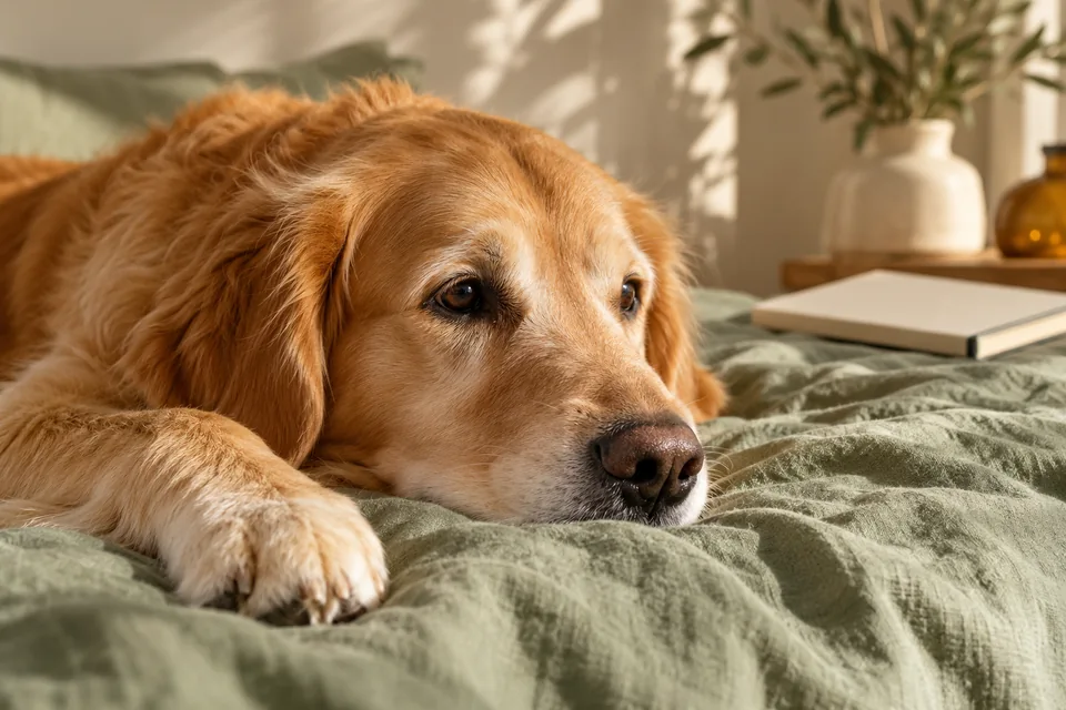 An adult dog resting beside a closed notebook.