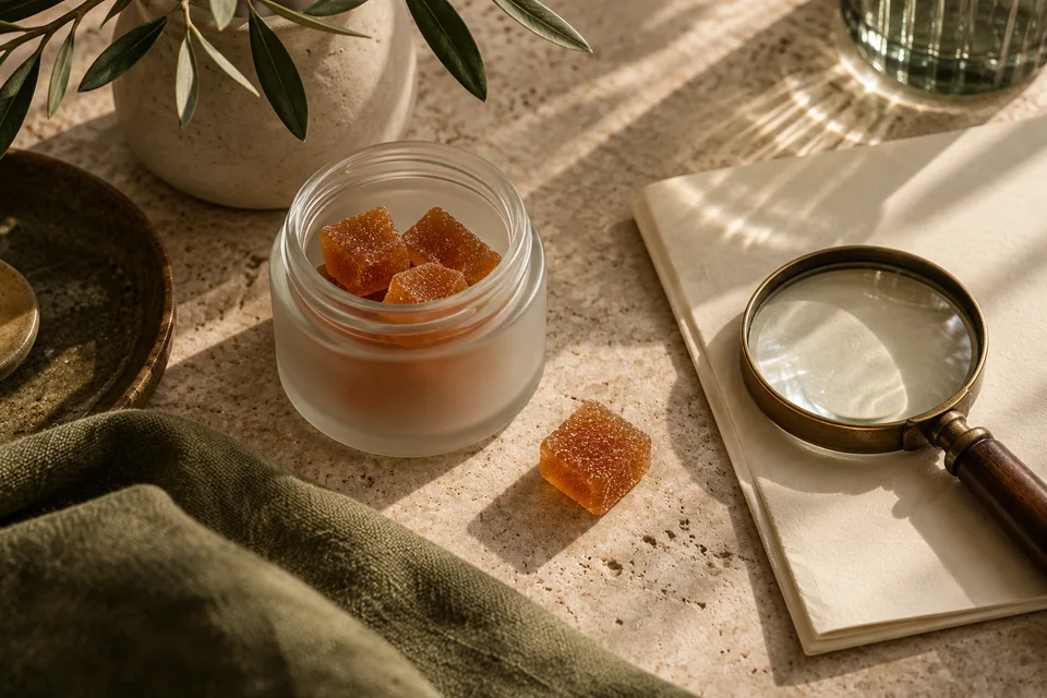 An open unlabelled gummy jar and one separate piece beside a magnifier.