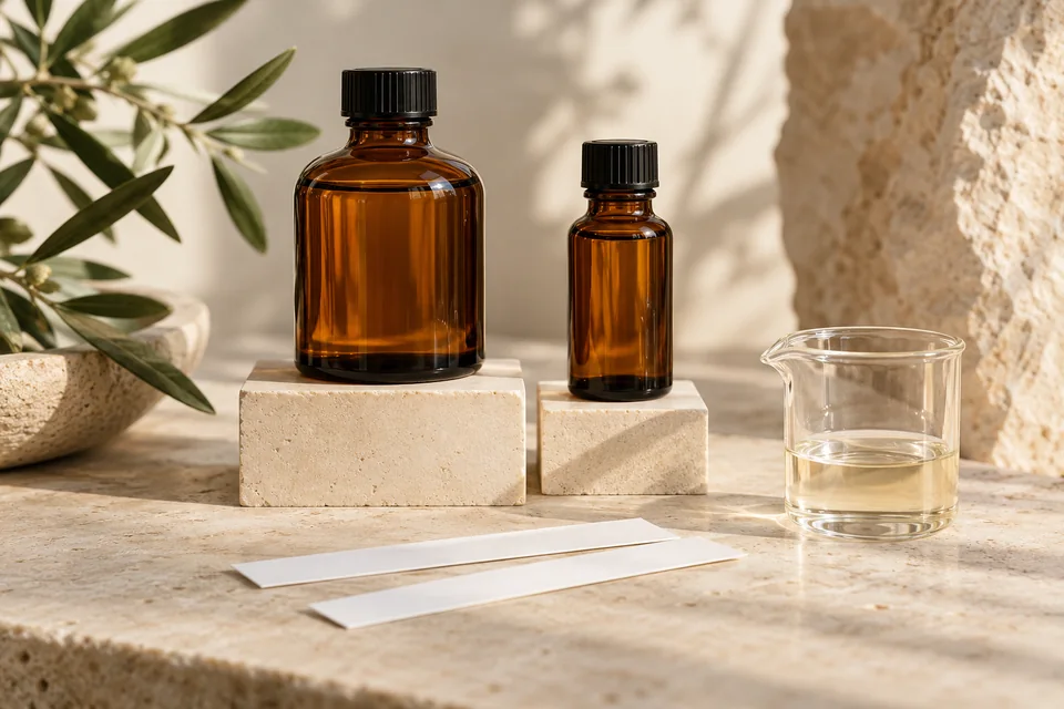 Two differently sized amber bottles beside blank notes and a glass vessel.