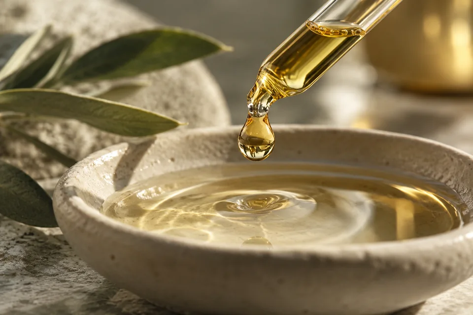 A golden drop at a pipette tip above oil in a ceramic dish.