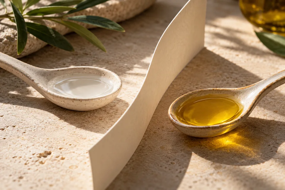 Clear liquid and golden oil in separate ceramic spoons.