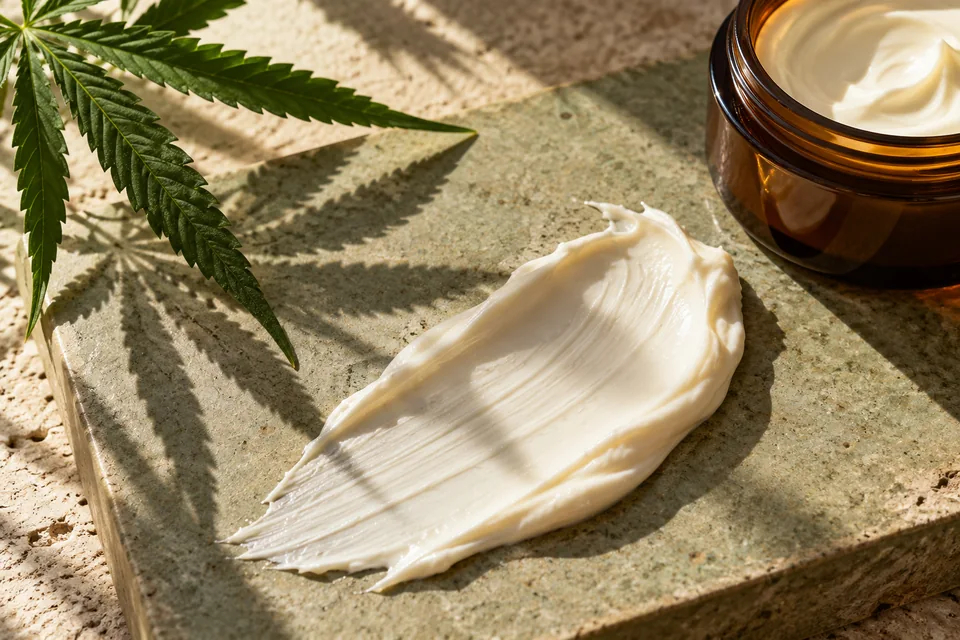 Cream texture on a ceramic tile beside an unlabelled cosmetic pot.