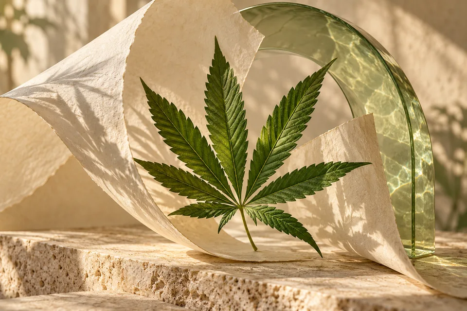A serrated hemp leaf between curved ivory paper and translucent sage glass.