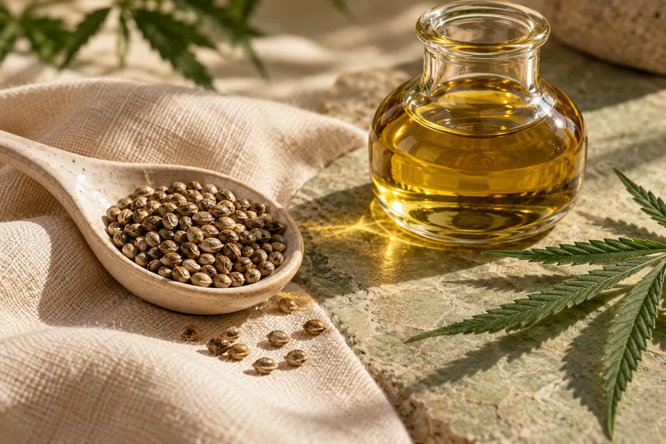 Hemp seeds in a ceramic spoon beside a separate vessel of oil.