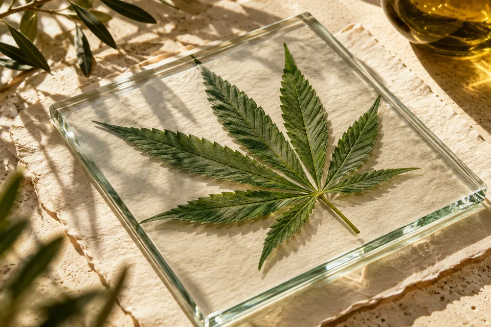Serrated hemp leaf detail between clear glass plates.