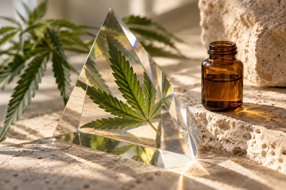 Hemp leaflet refracted through a clear glass prism.