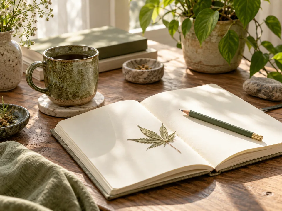 An editorial workspace with a notebook and ceramic mug.