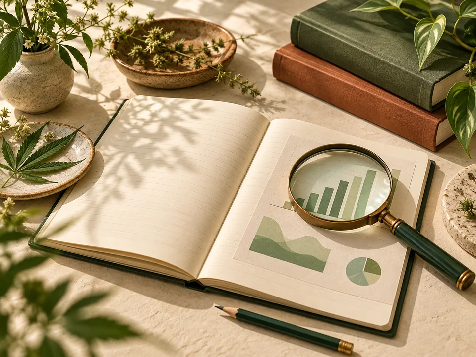 Illustrative editorial desk with notebooks, books and a magnifying glass over an abstract chart.