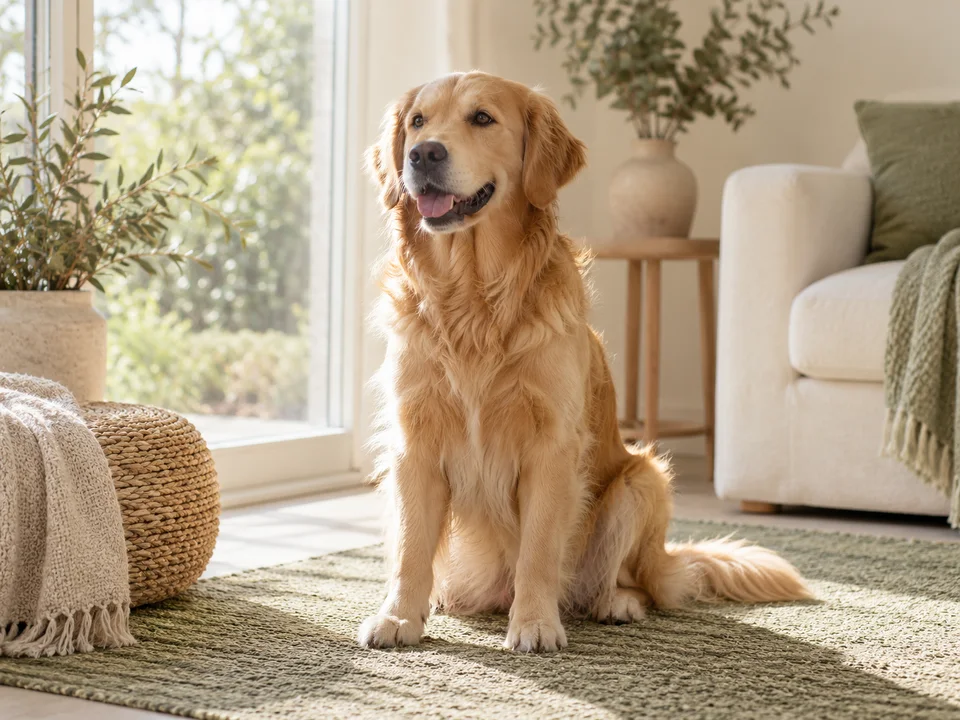A golden retriever by a window.