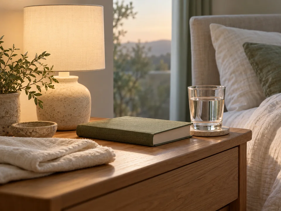 A quiet bedside scene with a book, lamp, and water glass.