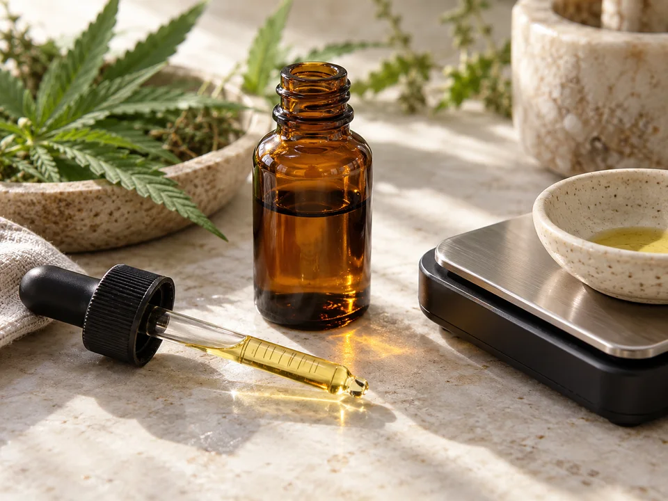 Measuring pipette and amber bottle on a precision scale, illustrating CBD concentration labels.