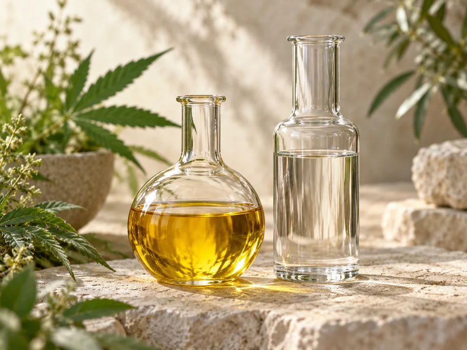 Two distinct glass preparations, golden oil and a clear liquid.