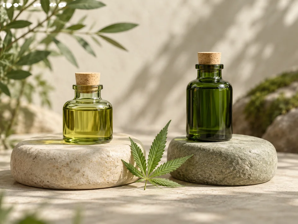 Two distinct glass vials illustrating a comparison of CBD and THC.