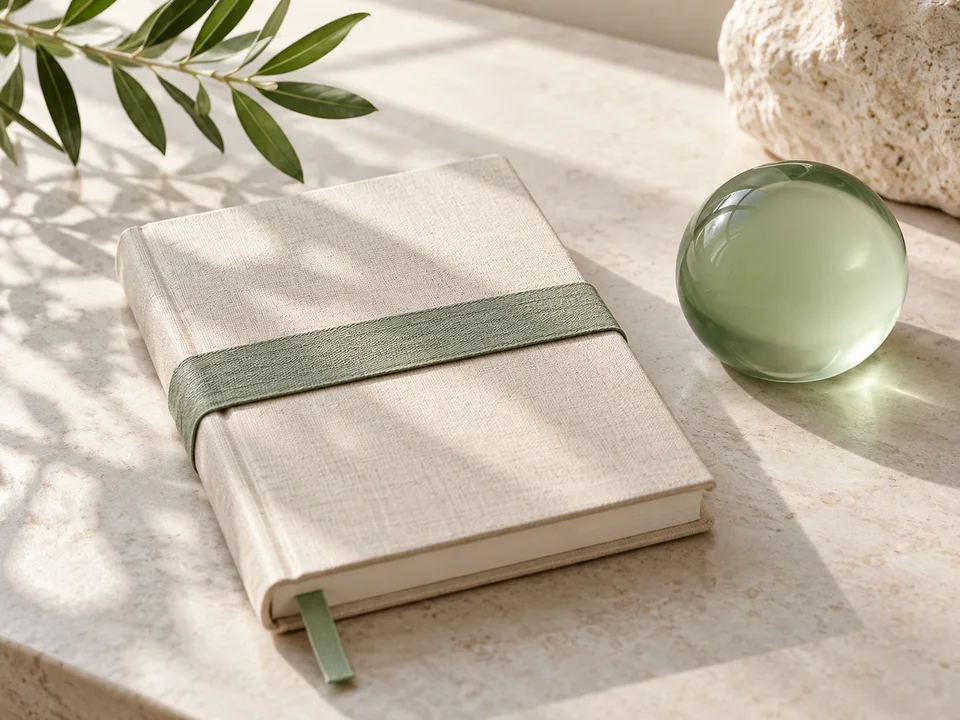 A closed linen notebook with a sage fabric band.