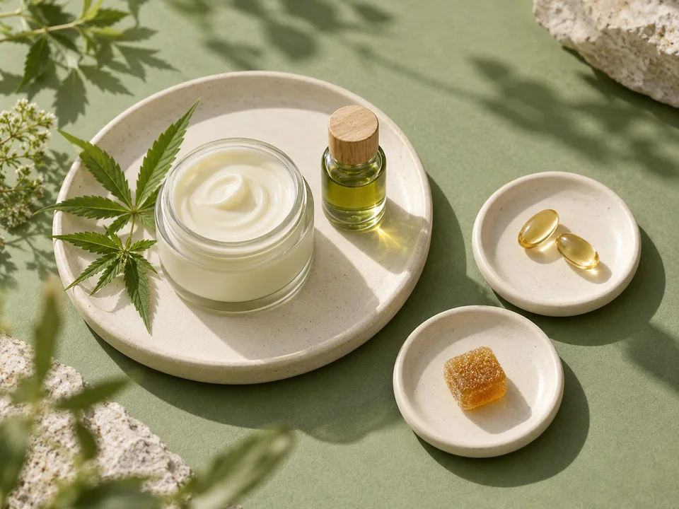 Different conceptual CBD product formats on ceramic trays.