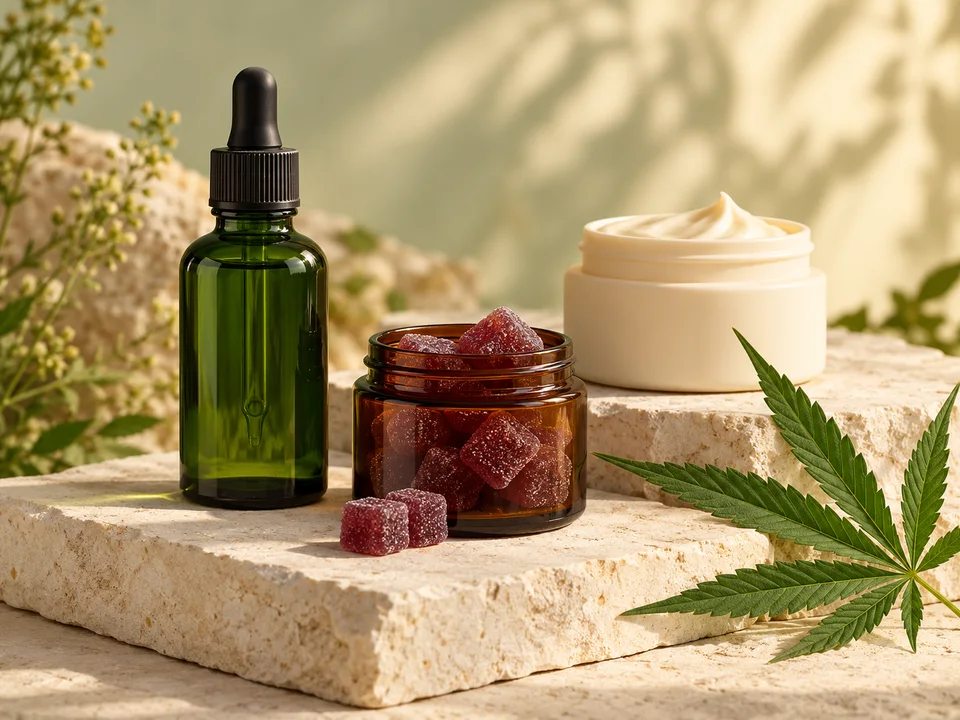 Илюстративни CBD масло, бонбони и козметичен буркан върху каменни платформи.