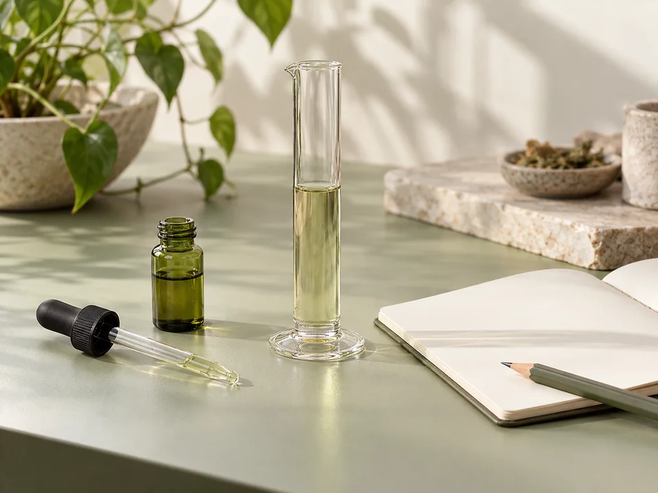 Glass measuring tools and a notebook.
